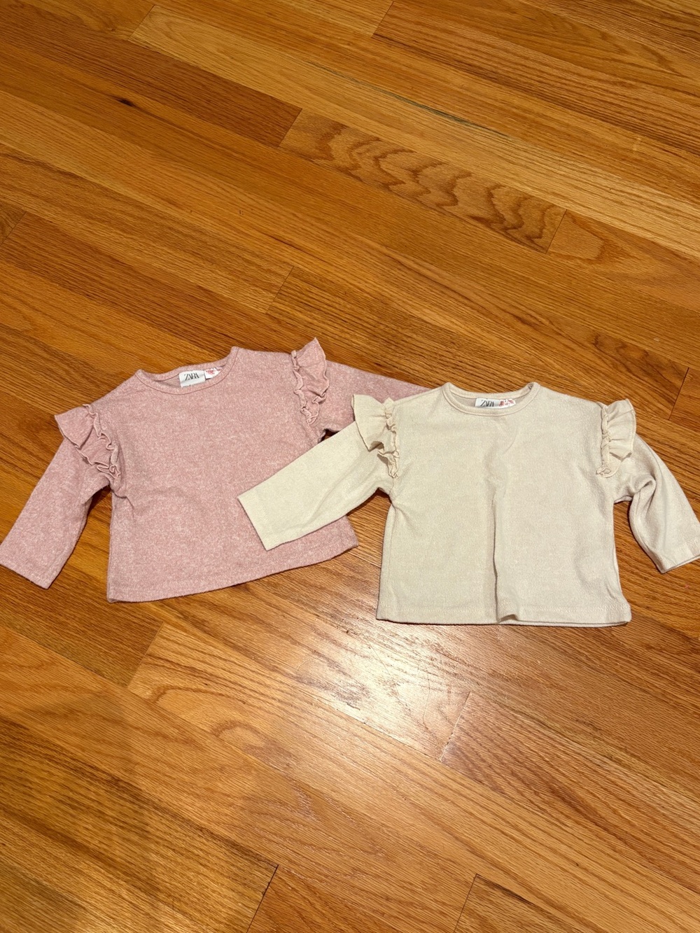 Zara Two-Pack Ruffle Long Sleeve Tops — Pink & Cream